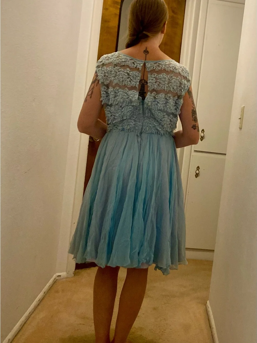 TRUE VINTAGE Miss ElliLight Blue Beaded Lace & Chiffon Fit-and-Flare Dress